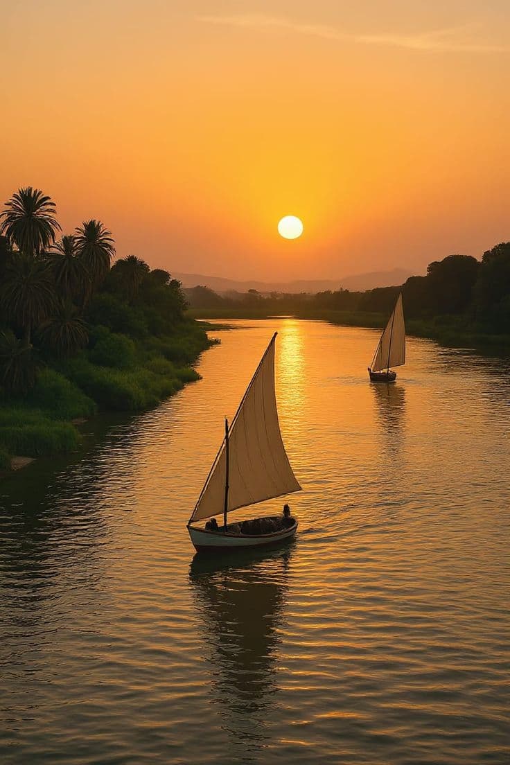 Two feluccas under full sail on the Nile at sunset
