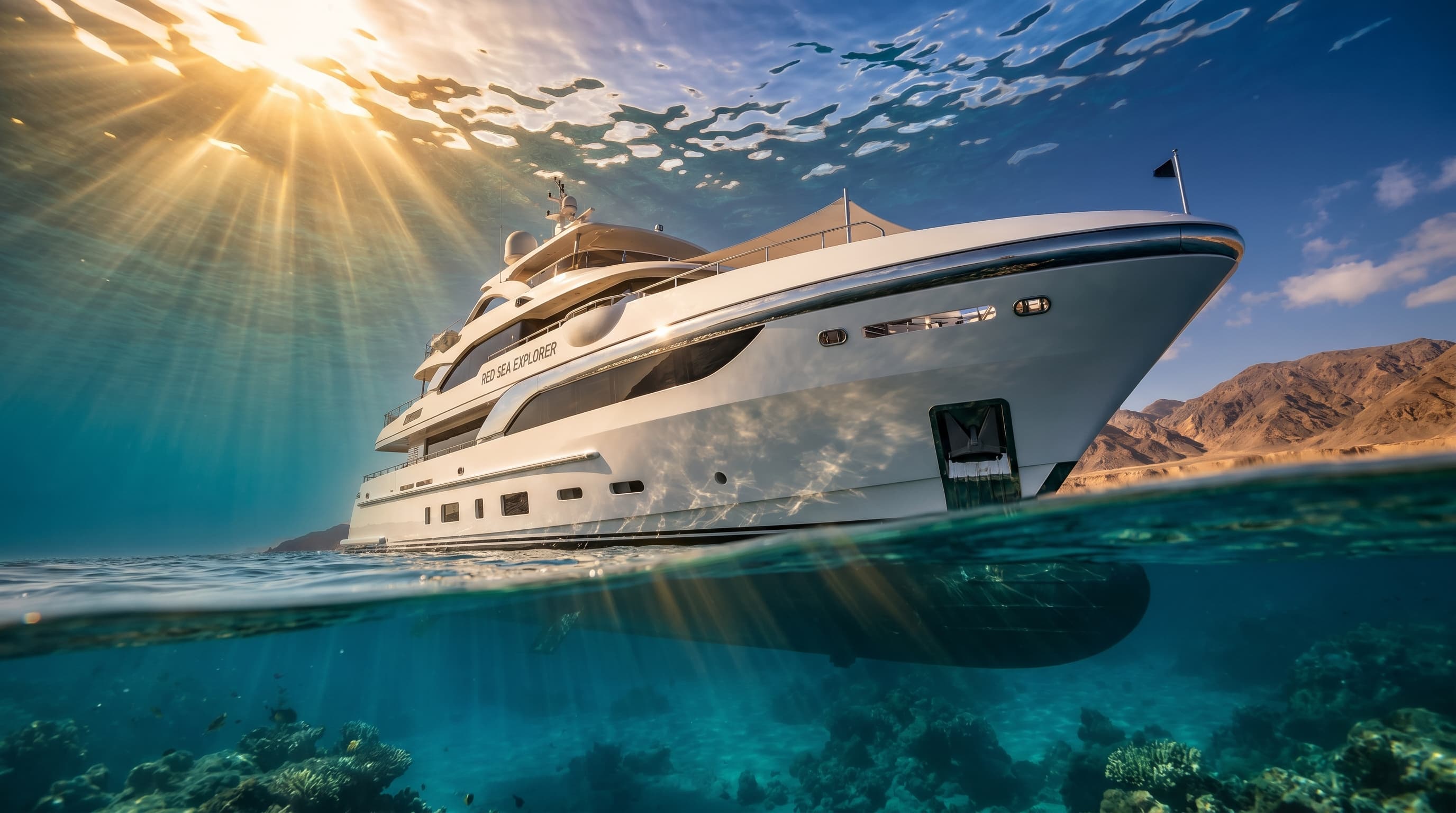A dive yacht floating over a coral reef in clear Red Sea water
